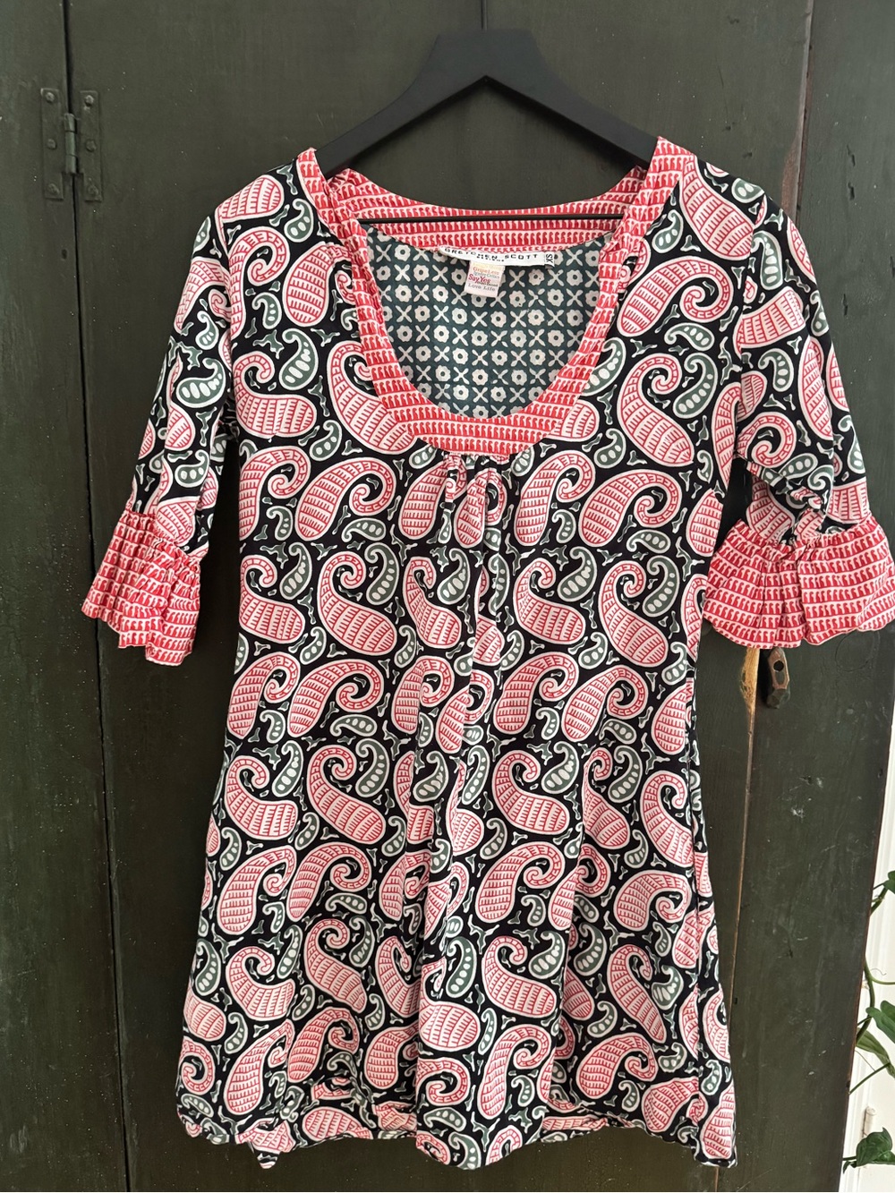 Gretchen Scott Paisley Knit Tunic Dress Coral Pink Black 3/4 Ruffle Sleeve Small